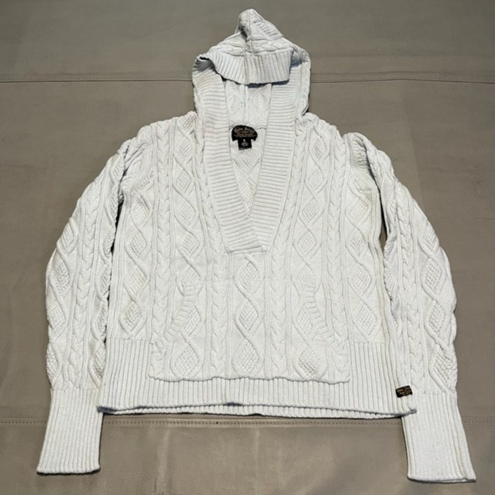 VTG Polo Jean Ralph Lauren Cable Knit Hoodie V Neck Light Blue Sweater-S-2962